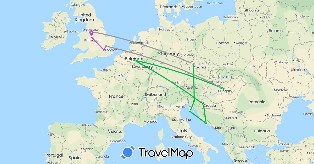 TravelMap itinerary: driving, bus, plane, train in Belgium, Czech Republic, United Kingdom, Croatia, Hungary, Slovenia (Europe)